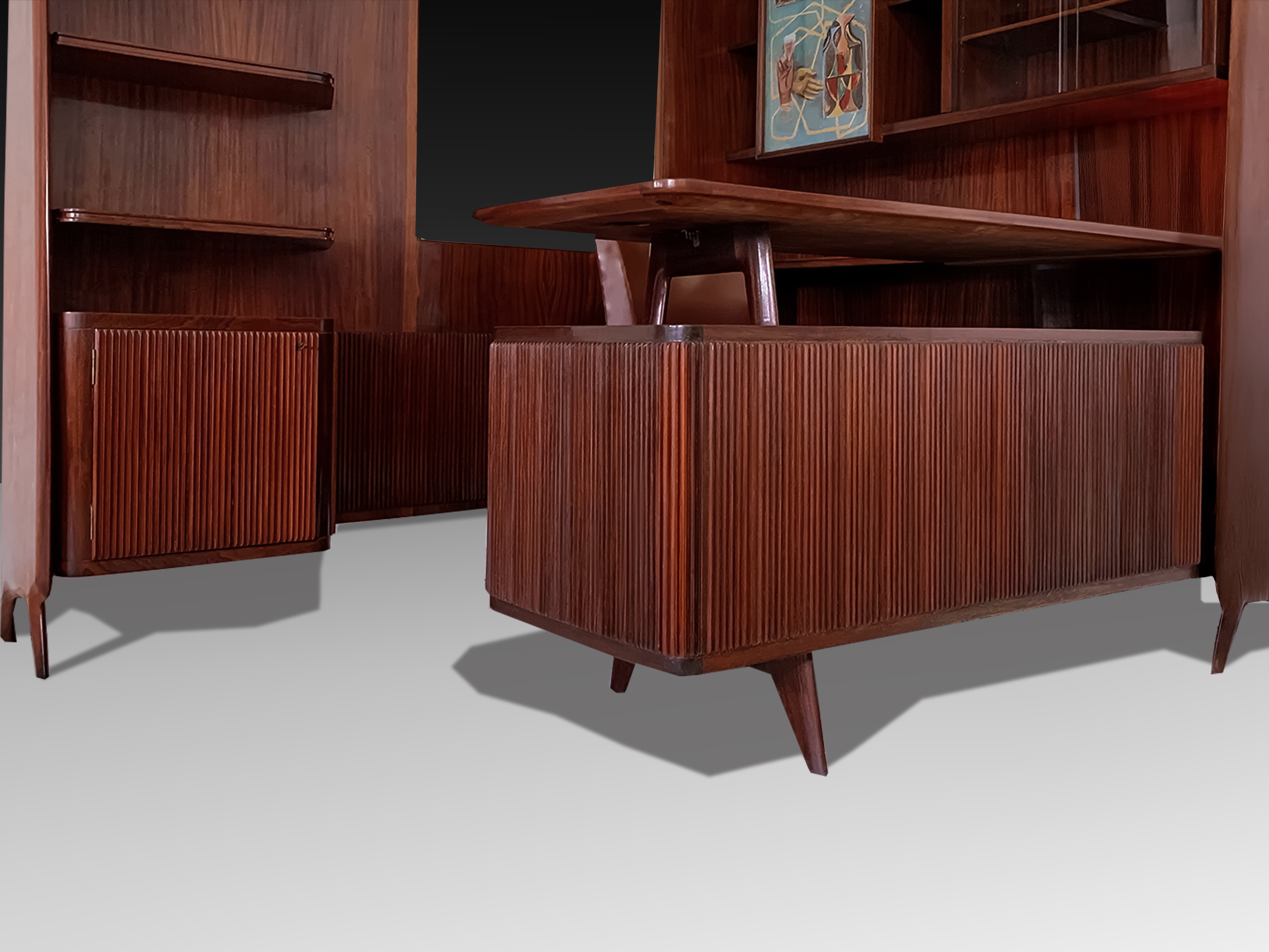 Italian Mid-Century Freestanding Corner Bookcase with Desk, 1950s