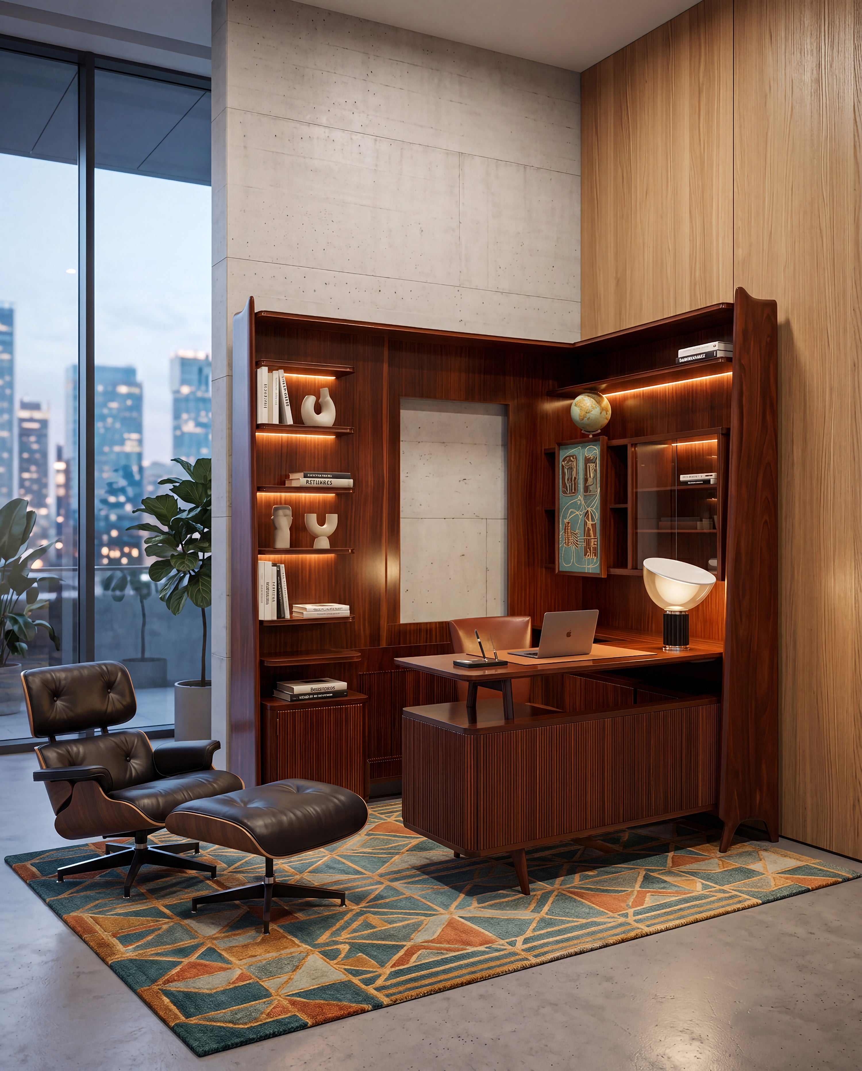 Italian Mid-Century Freestanding Corner Bookcase with Desk, 1950s