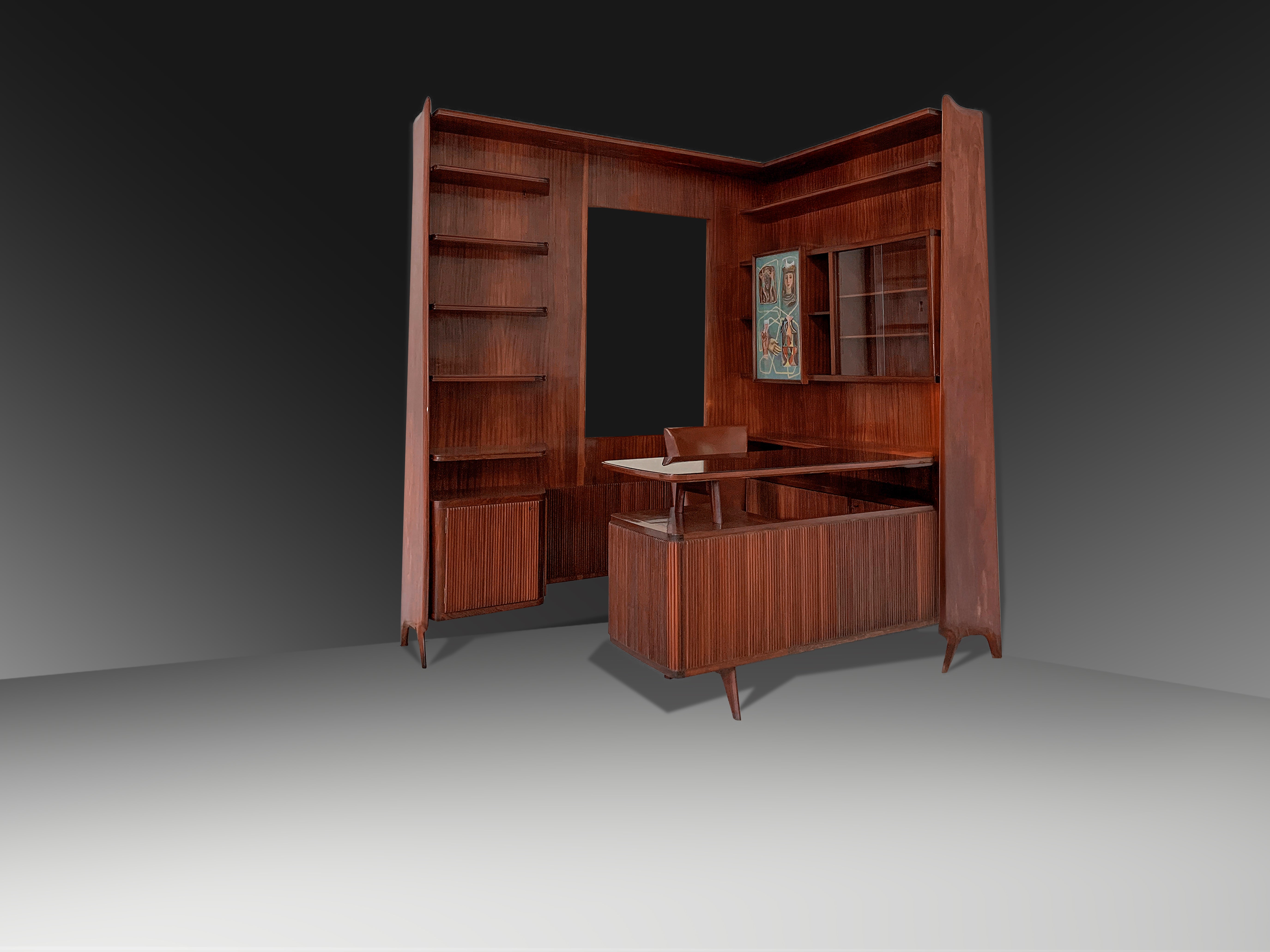 Italian Mid-Century Freestanding Corner Bookcase with Desk, 1950s