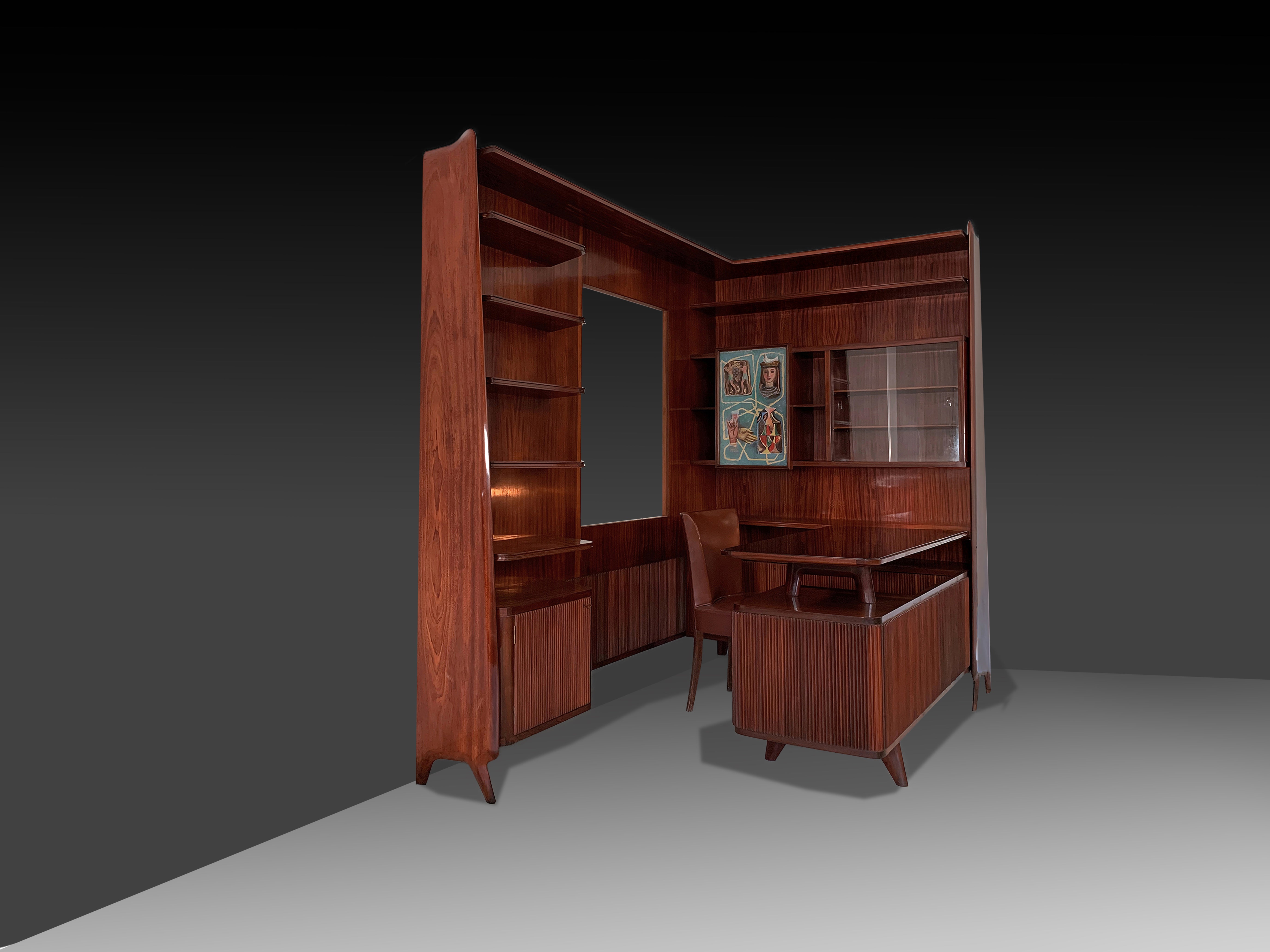 Italian Mid-Century Freestanding Corner Bookcase with Desk, 1950s