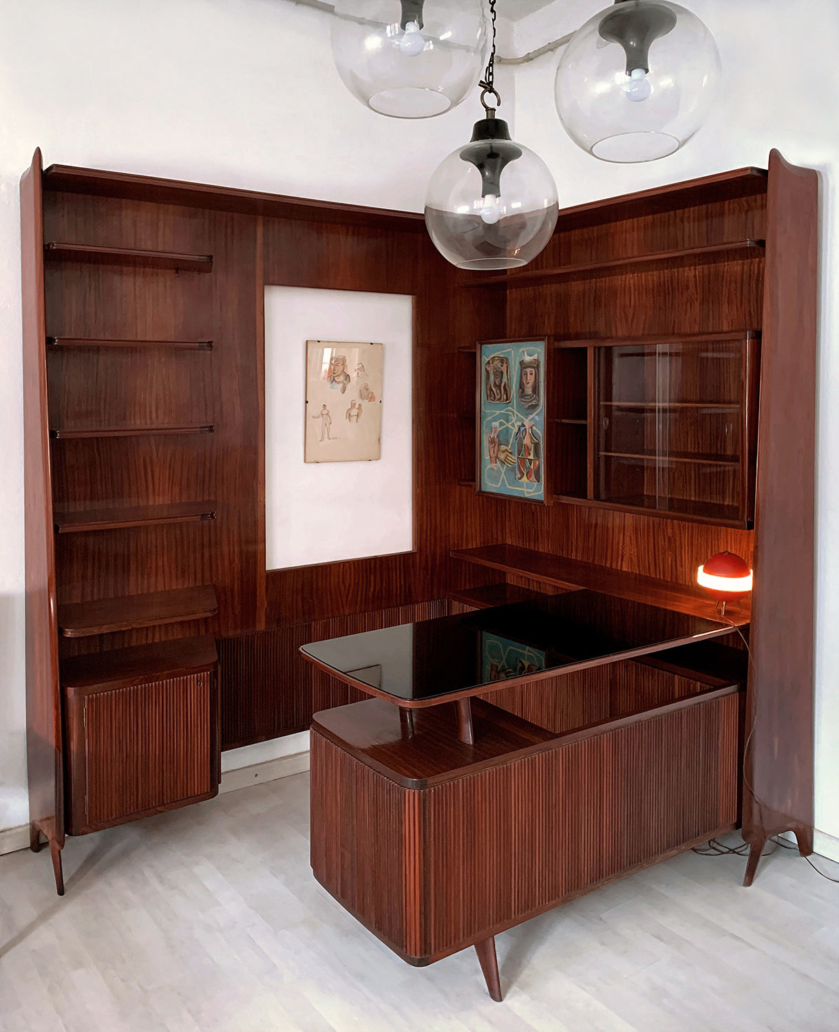 Italian Mid-Century Freestanding Corner Bookcase with Desk, 1950s