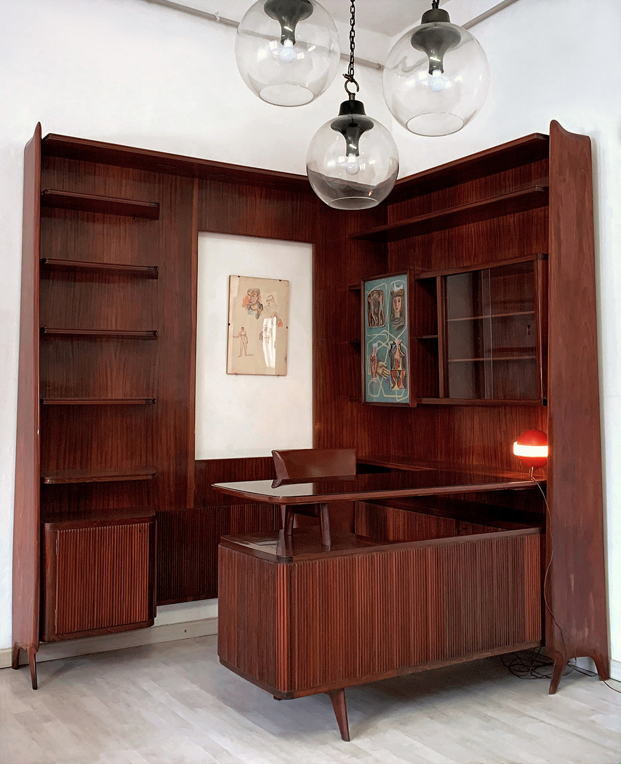 Italian Mid-Century Freestanding Corner Bookcase with Desk, 1950s